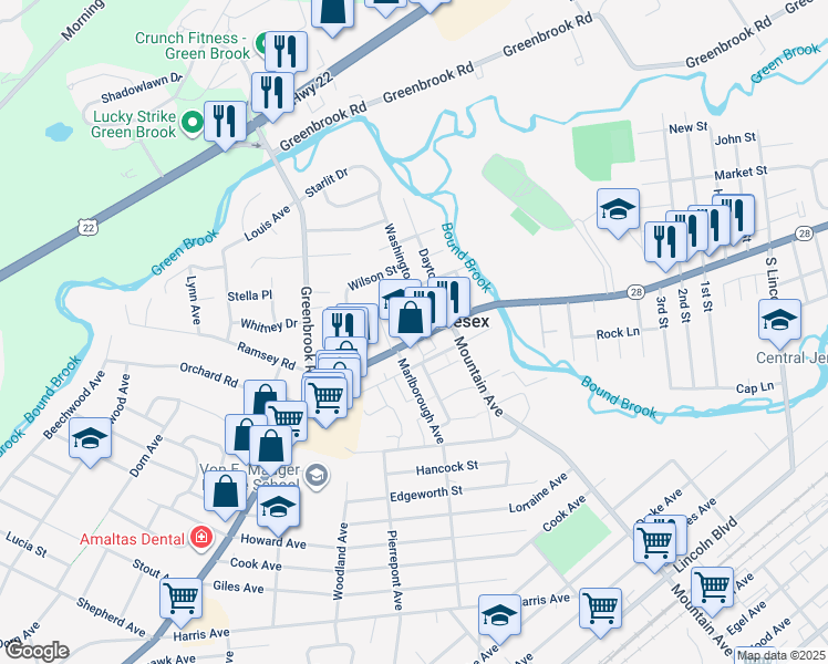 map of restaurants, bars, coffee shops, grocery stores, and more near 1272 Bound Brook Road in Middlesex