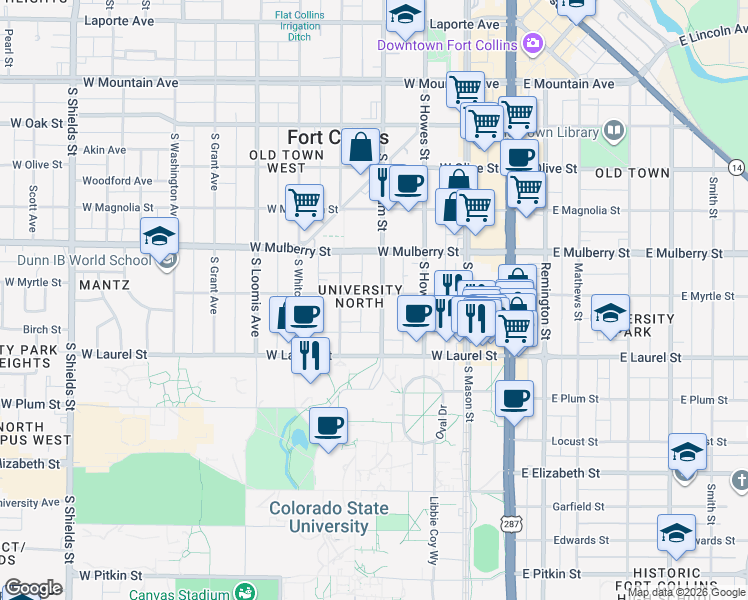 map of restaurants, bars, coffee shops, grocery stores, and more near in Fort Collins
