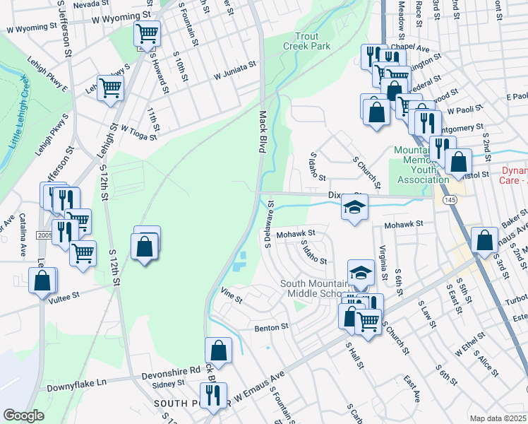 map of restaurants, bars, coffee shops, grocery stores, and more near 1875 Mack Boulevard in Allentown