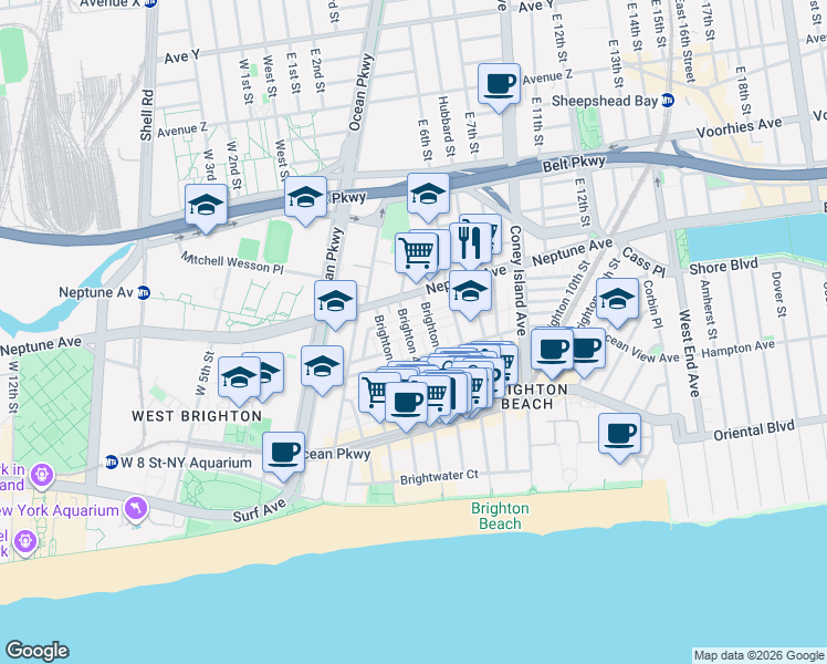 map of restaurants, bars, coffee shops, grocery stores, and more near 415 Ocean View Avenue in Brooklyn