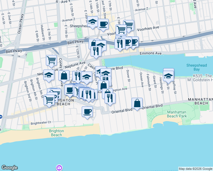 map of restaurants, bars, coffee shops, grocery stores, and more near 75 West End Avenue in Brooklyn