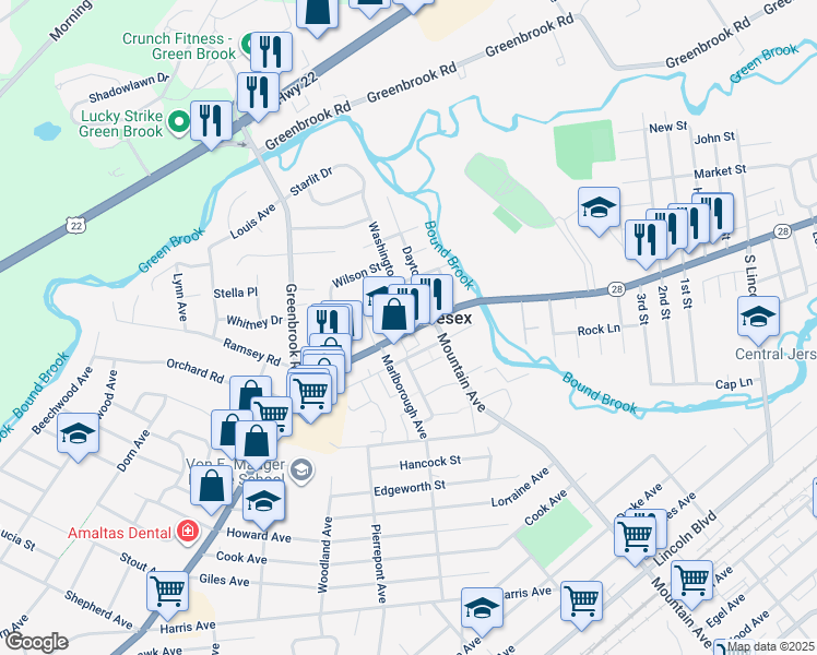 map of restaurants, bars, coffee shops, grocery stores, and more near 1272 Bound Brook Road in Middlesex