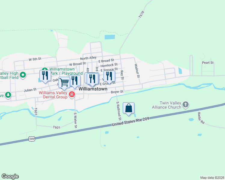 map of restaurants, bars, coffee shops, grocery stores, and more near 226 East Market Street in Williamstown