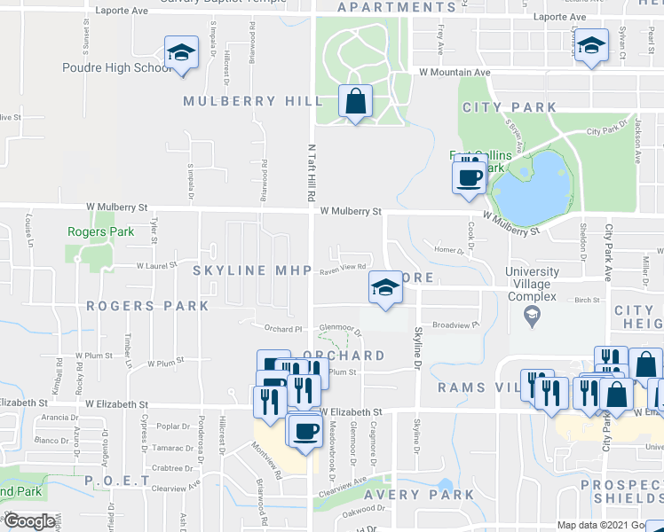 map of restaurants, bars, coffee shops, grocery stores, and more near 2020 Raven View Road in Fort Collins