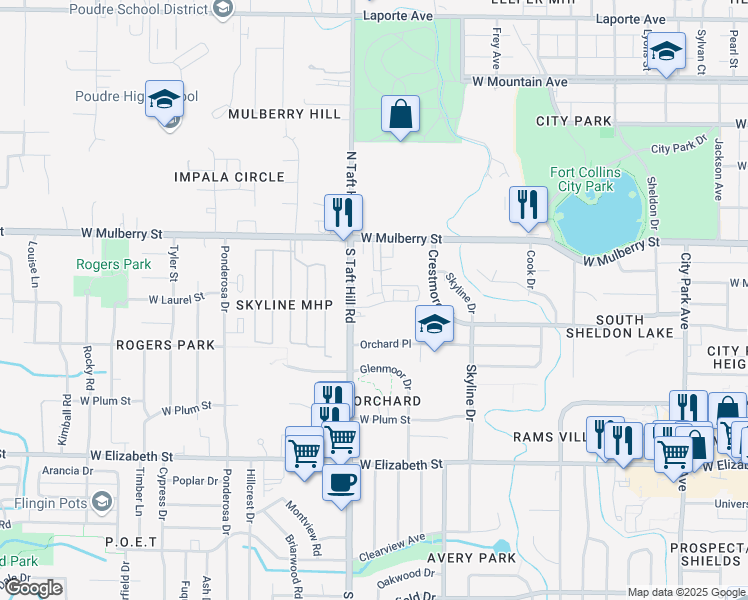 map of restaurants, bars, coffee shops, grocery stores, and more near 2020 Raven View Road in Fort Collins