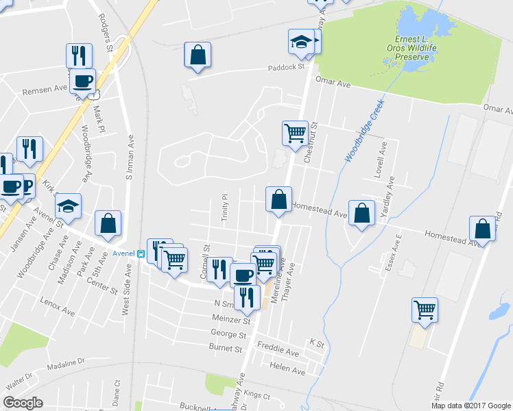 map of restaurants, bars, coffee shops, grocery stores, and more near 125 Homestead Avenue in Woodbridge Township