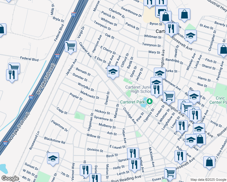map of restaurants, bars, coffee shops, grocery stores, and more near 94 Coolidge Avenue in Carteret