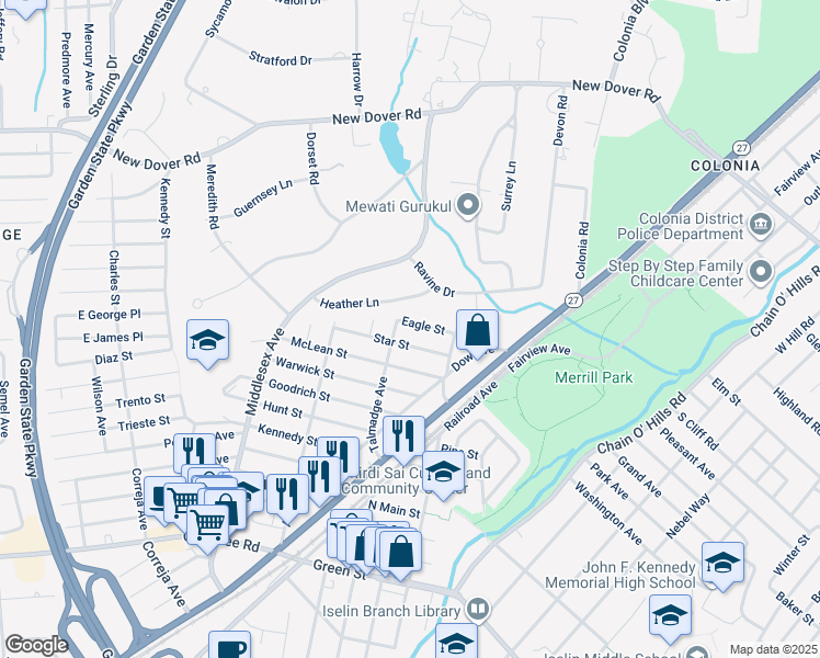 map of restaurants, bars, coffee shops, grocery stores, and more near 45 Eagle Street in Woodbridge Township