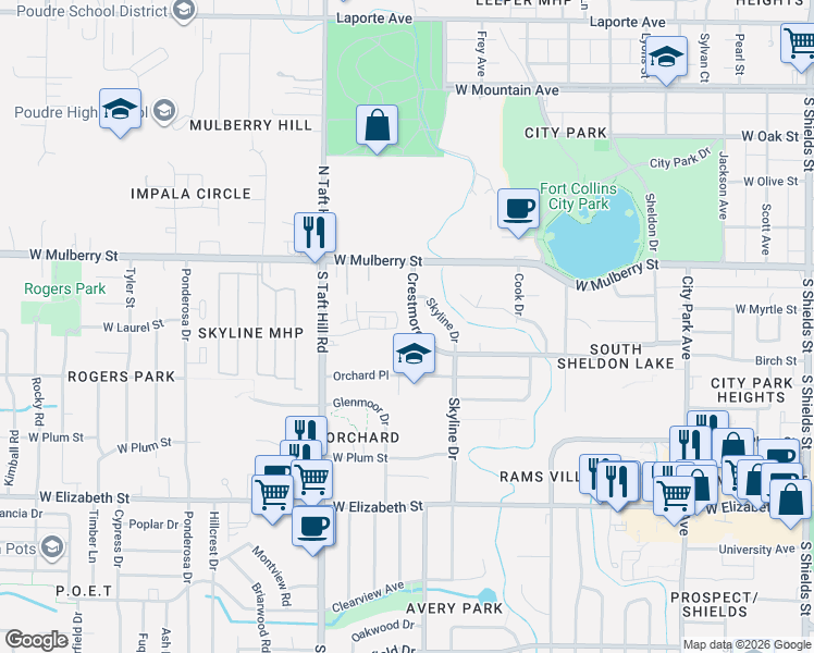 map of restaurants, bars, coffee shops, grocery stores, and more near 1913 Crestmore Place in Fort Collins