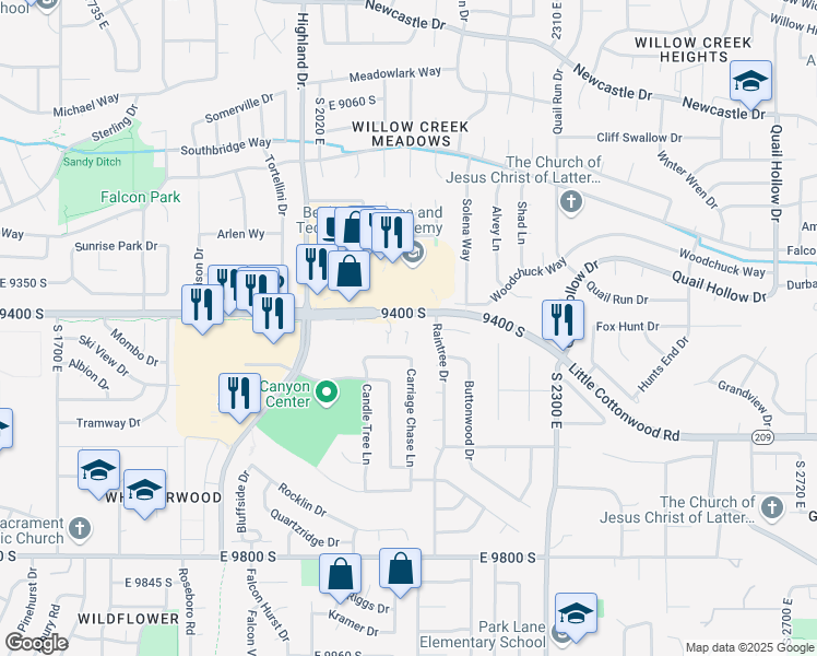 map of restaurants, bars, coffee shops, grocery stores, and more near in Sandy