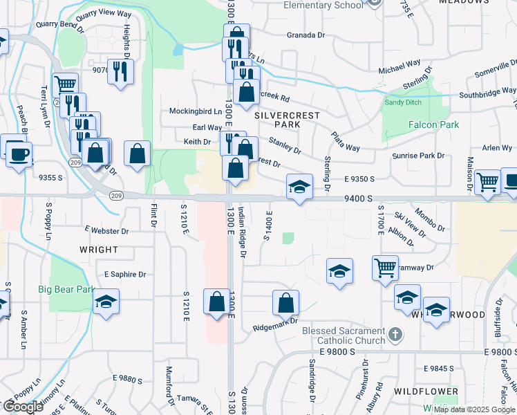 map of restaurants, bars, coffee shops, grocery stores, and more near 9455 South 1335 East in Sandy