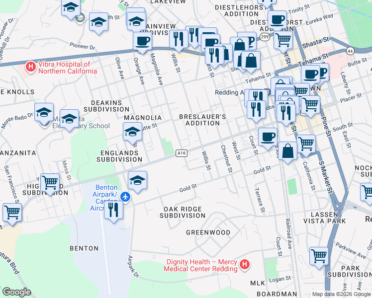 map of restaurants, bars, coffee shops, grocery stores, and more near 2153 Placer Street in Redding