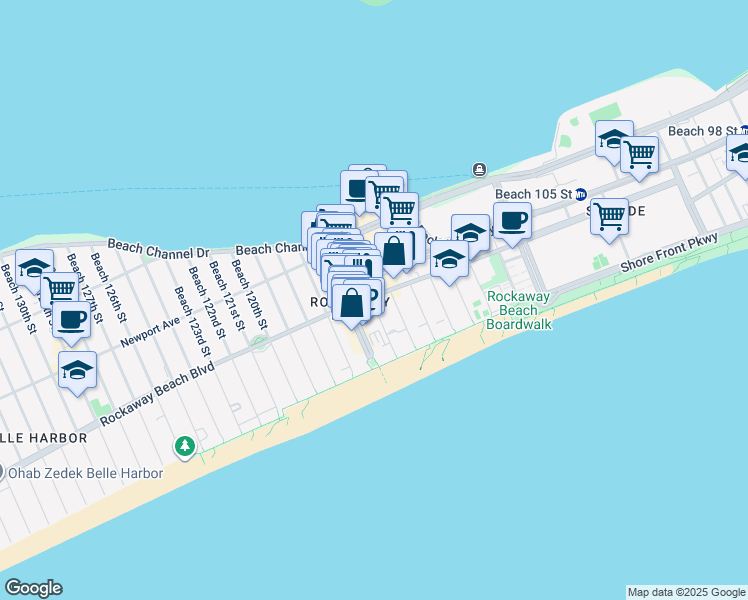 map of restaurants, bars, coffee shops, grocery stores, and more near 179 Beach 115th Street in Queens