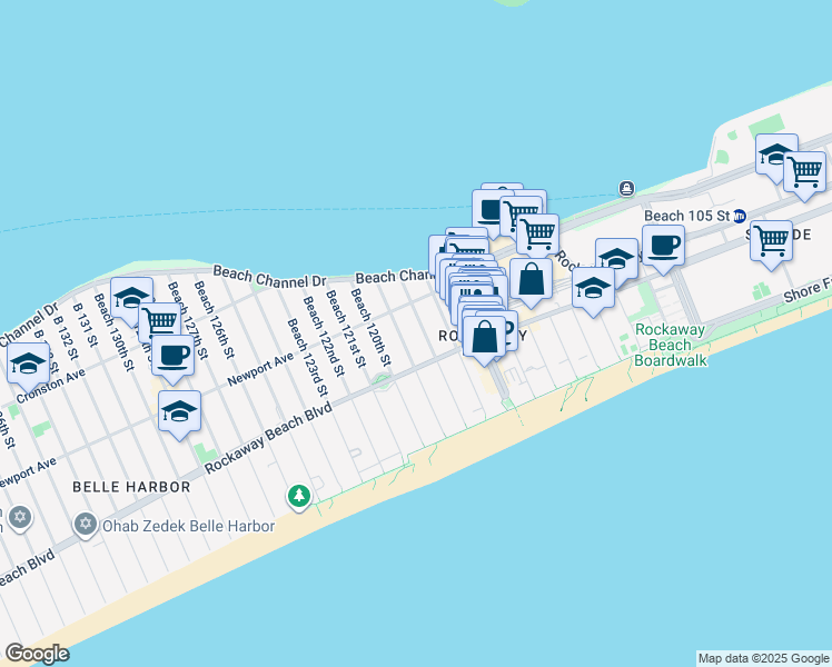 map of restaurants, bars, coffee shops, grocery stores, and more near 117-18 Rockaway Beach Boulevard in Queens