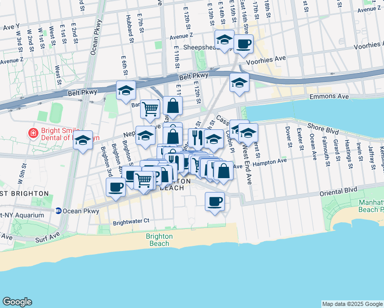 map of restaurants, bars, coffee shops, grocery stores, and more near 125 Brighton 11th Street in Brooklyn