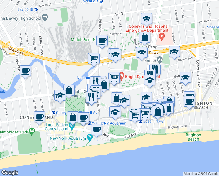 map of restaurants, bars, coffee shops, grocery stores, and more near 494 Neptune Avenue in Brooklyn