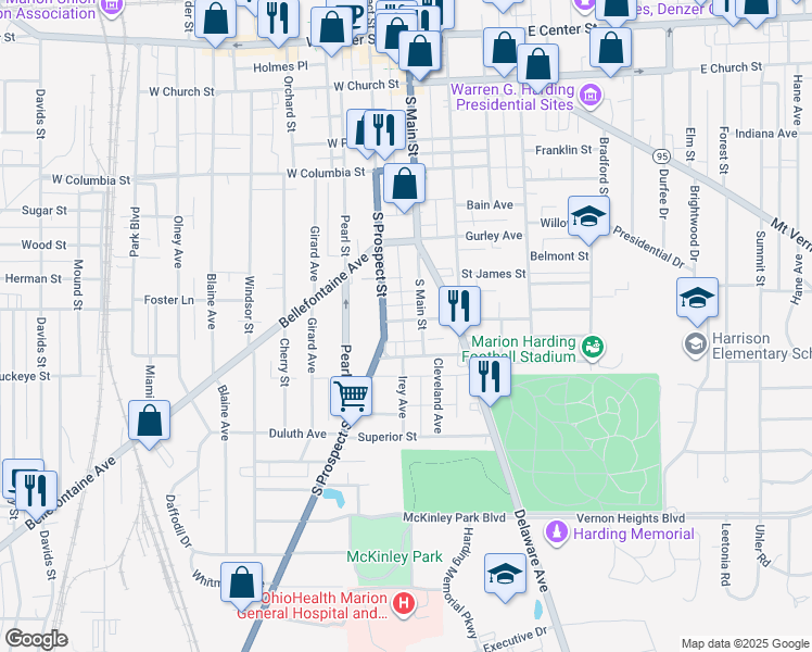 map of restaurants, bars, coffee shops, grocery stores, and more near 547 South Main Street in Marion