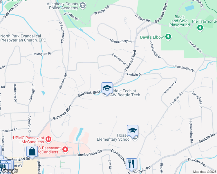 map of restaurants, bars, coffee shops, grocery stores, and more near 9600 Babcock Boulevard in McCandless