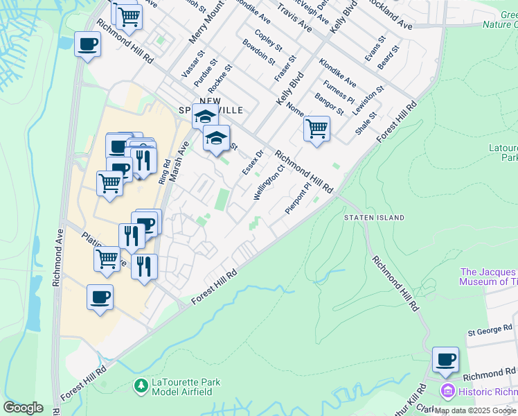 map of restaurants, bars, coffee shops, grocery stores, and more near 94 Belmar Drive West in Staten Island