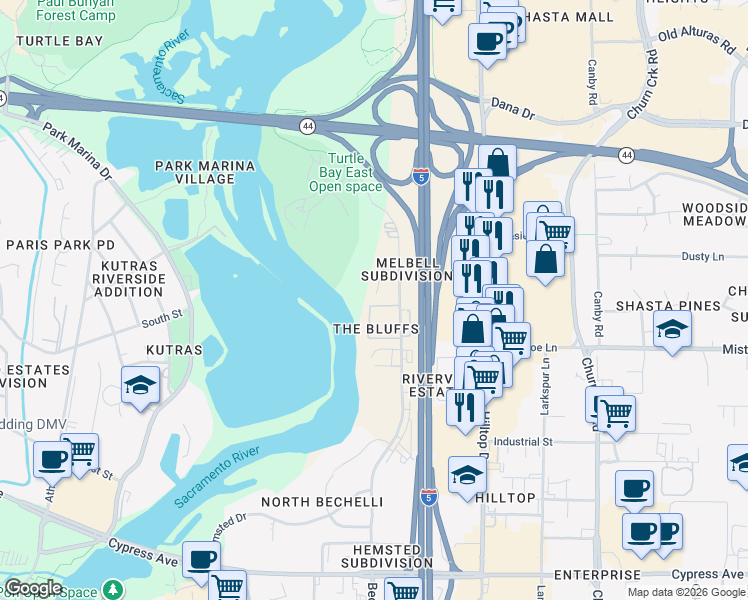 map of restaurants, bars, coffee shops, grocery stores, and more near 1911 Bechelli Lane in Redding
