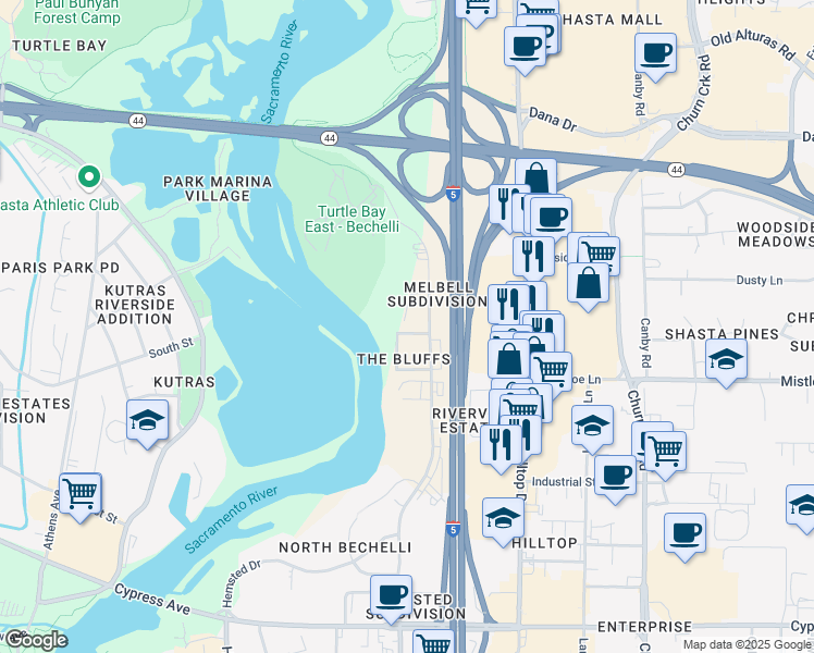 map of restaurants, bars, coffee shops, grocery stores, and more near 1908 Bechelli Lane in Redding