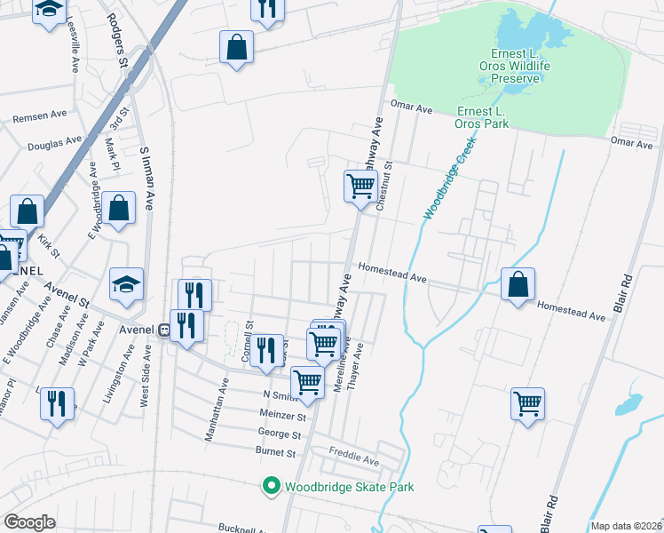 map of restaurants, bars, coffee shops, grocery stores, and more near 25 Homestead Avenue in Woodbridge Township