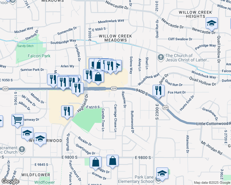 map of restaurants, bars, coffee shops, grocery stores, and more near 2130 East 9400 South in Sandy