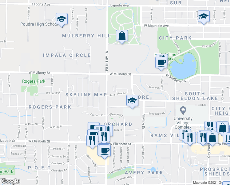 map of restaurants, bars, coffee shops, grocery stores, and more near 2002 Raven View Road in Fort Collins