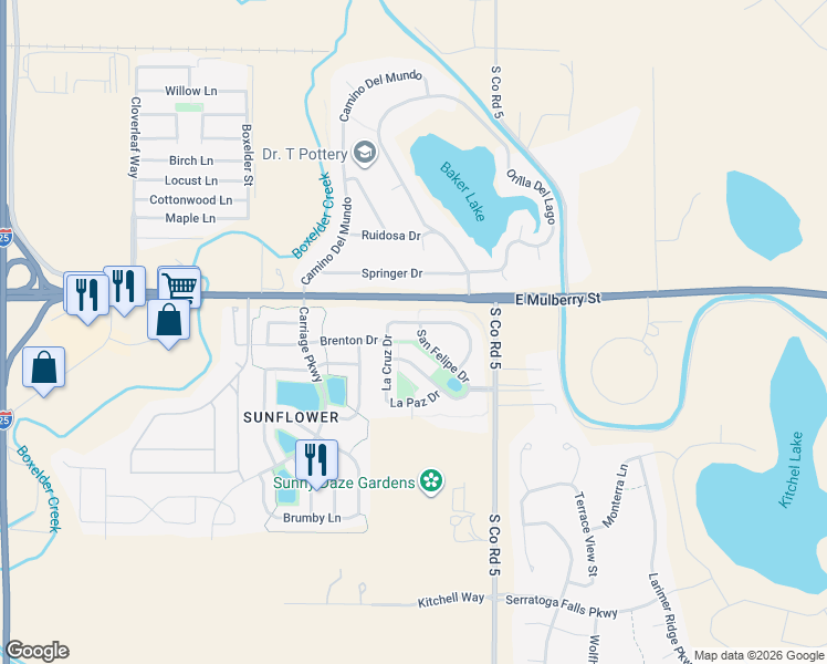 map of restaurants, bars, coffee shops, grocery stores, and more near 768 Vista Grande Circle in Fort Collins
