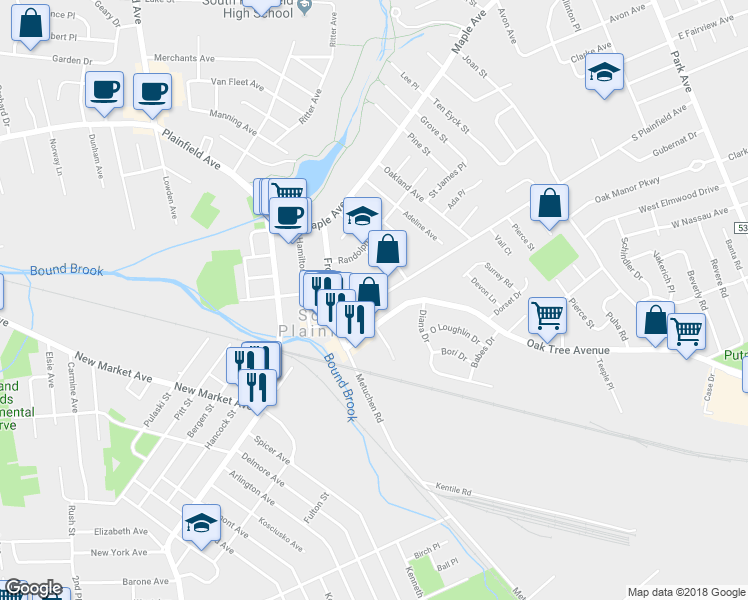 map of restaurants, bars, coffee shops, grocery stores, and more near 129 South Plainfield Avenue in South Plainfield