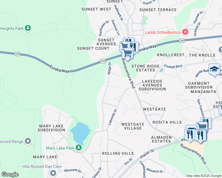 map of restaurants, bars, coffee shops, grocery stores, and more near 4275 Waushara Avenue in Redding