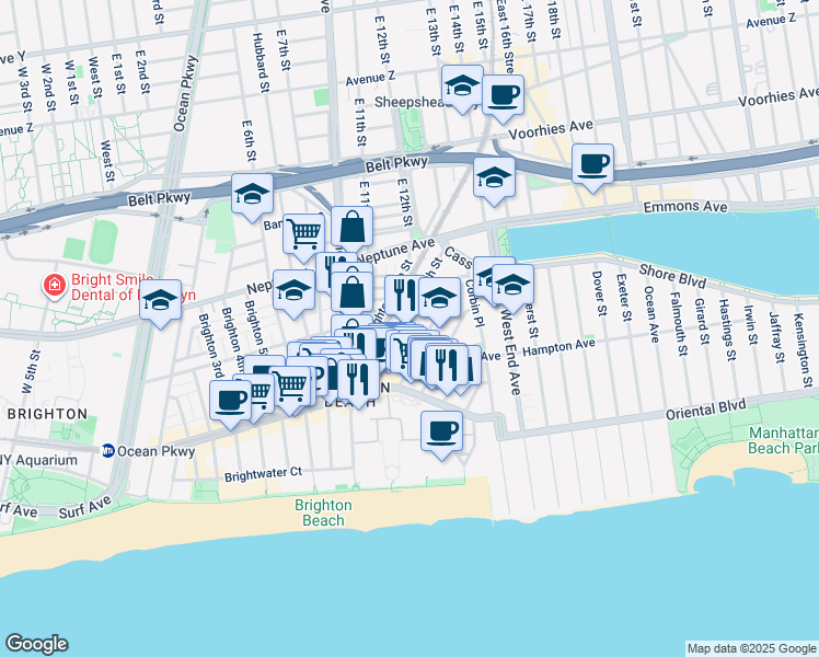 map of restaurants, bars, coffee shops, grocery stores, and more near 125 Brighton 11th Street in Brooklyn