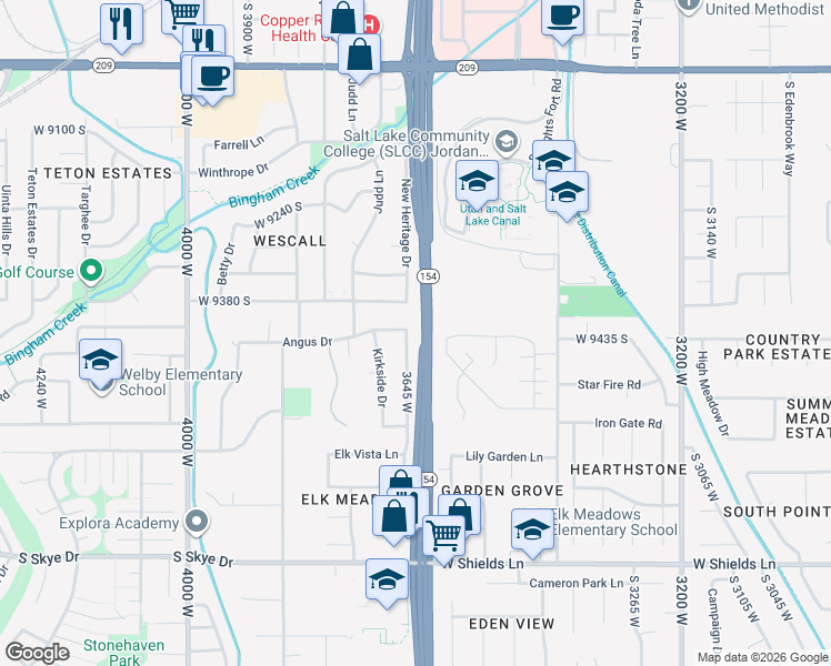 map of restaurants, bars, coffee shops, grocery stores, and more near 9433 South Newkirk Street in South Jordan