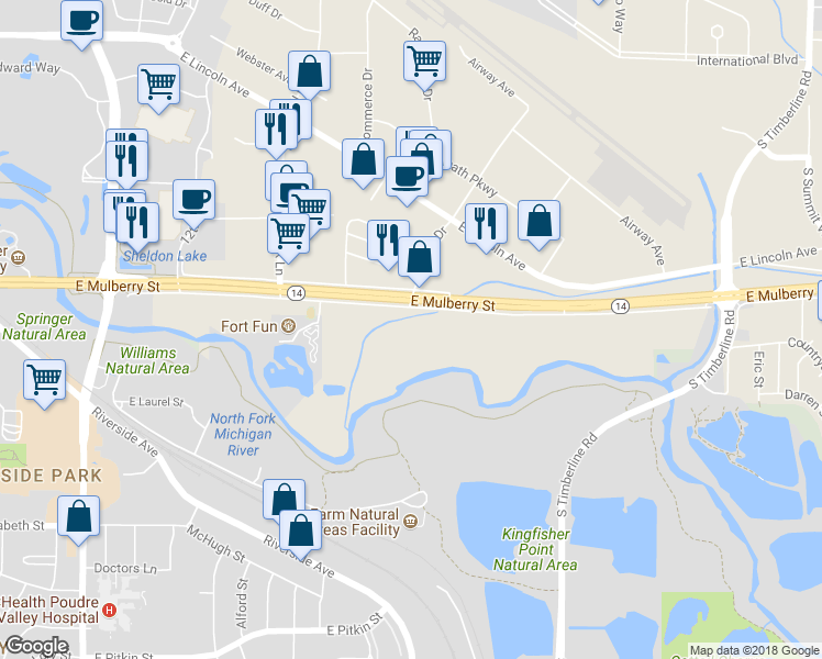 map of restaurants, bars, coffee shops, grocery stores, and more near 1807 East Mulberry Street in Fort Collins