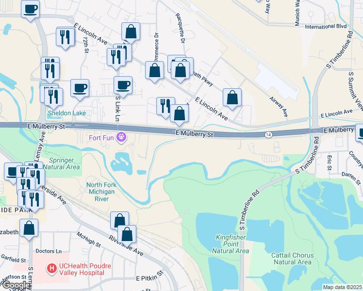 map of restaurants, bars, coffee shops, grocery stores, and more near 1807 East Mulberry Street in Fort Collins