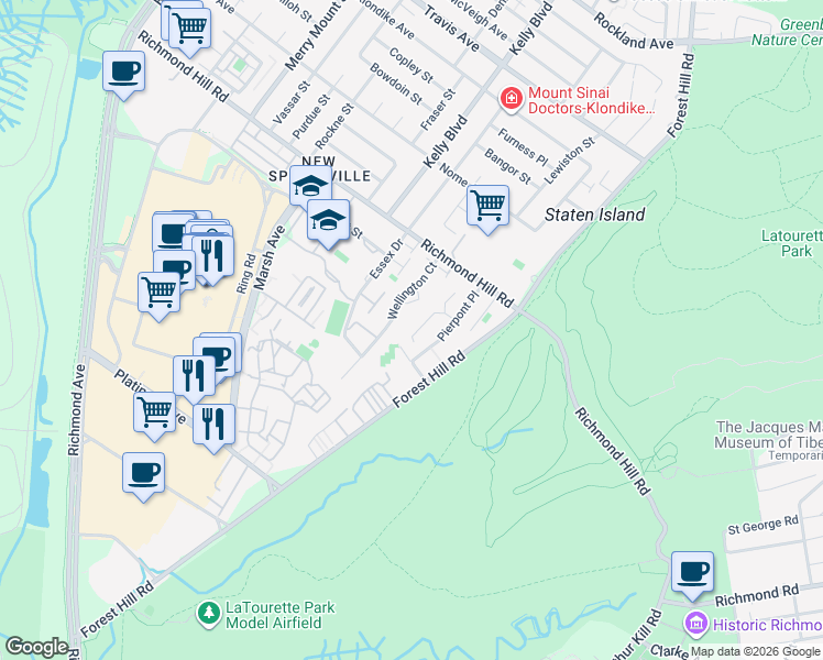 map of restaurants, bars, coffee shops, grocery stores, and more near 94 Belmar Drive West in Staten Island