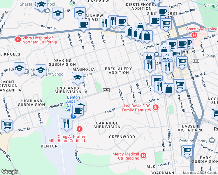 map of restaurants, bars, coffee shops, grocery stores, and more near 2153 Placer Street in Redding