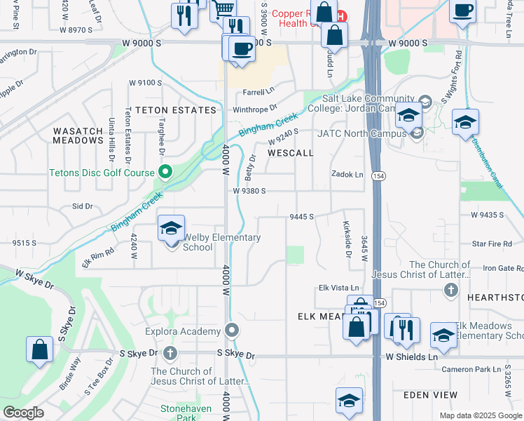 map of restaurants, bars, coffee shops, grocery stores, and more near 3902 Angus Drive in South Jordan