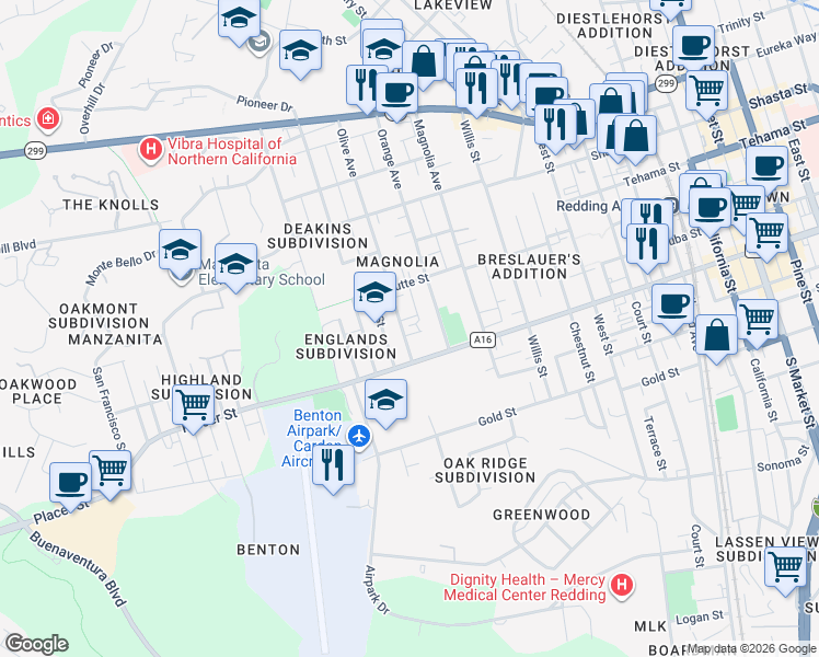 map of restaurants, bars, coffee shops, grocery stores, and more near 1575 Olive Avenue in Redding
