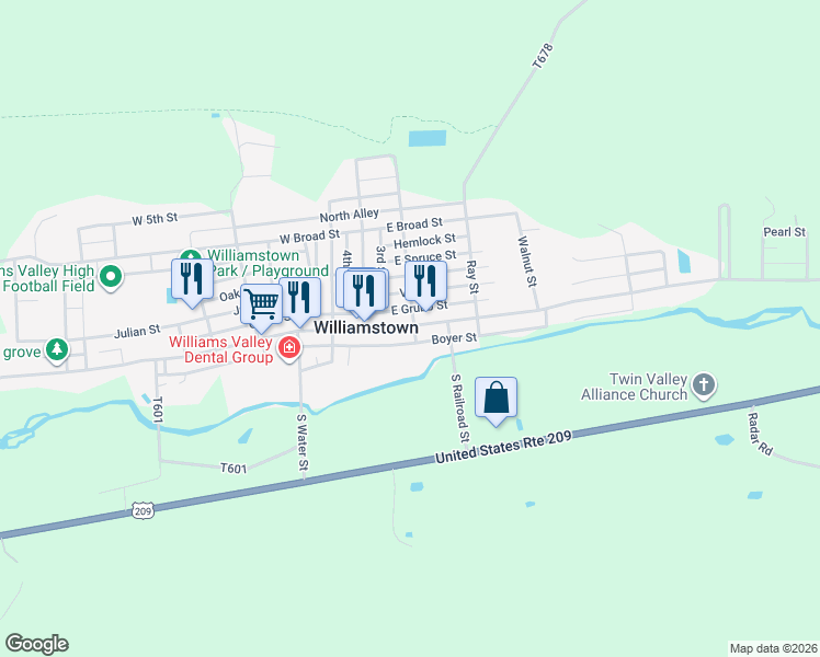 map of restaurants, bars, coffee shops, grocery stores, and more near 100 South Railroad Street in Williamstown