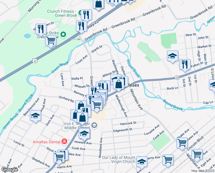 map of restaurants, bars, coffee shops, grocery stores, and more near 3 Locust Avenue in Middlesex
