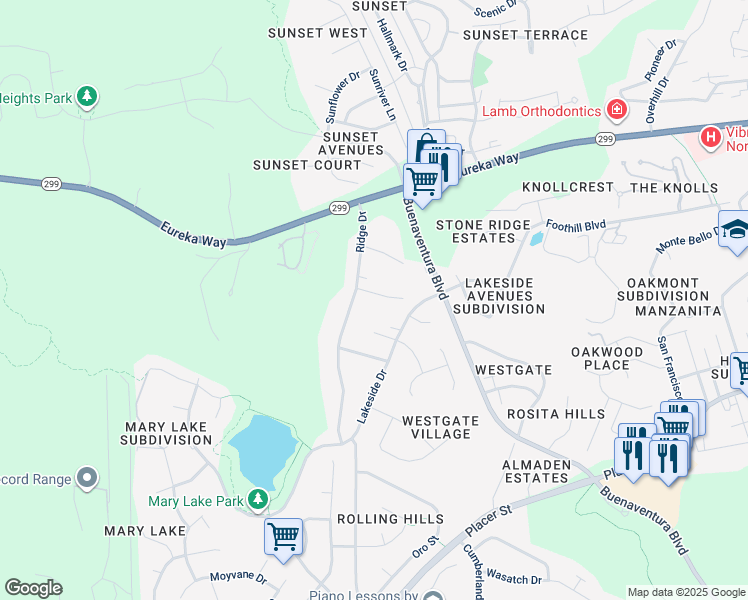 map of restaurants, bars, coffee shops, grocery stores, and more near 4265 Waushara Avenue in Redding