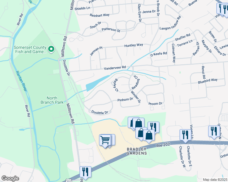 map of restaurants, bars, coffee shops, grocery stores, and more near 1101 Bayley Court in Bridgewater