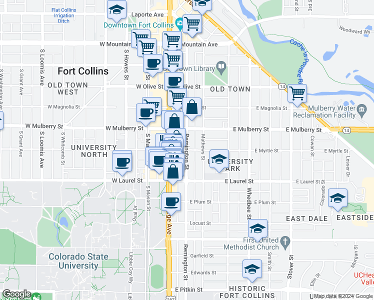 map of restaurants, bars, coffee shops, grocery stores, and more near Remington Street & East Myrtle Street in Fort Collins
