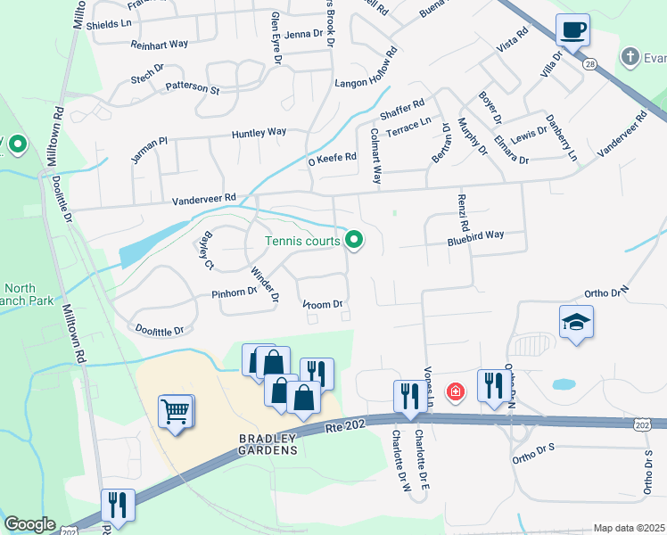 map of restaurants, bars, coffee shops, grocery stores, and more near 2510 Vroom Drive in Bridgewater Township