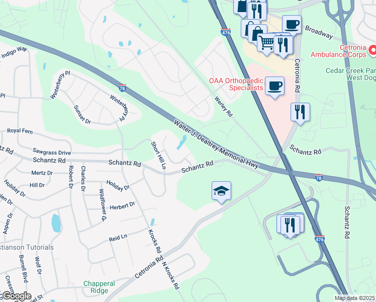 map of restaurants, bars, coffee shops, grocery stores, and more near 5207 Surrey Court in Allentown