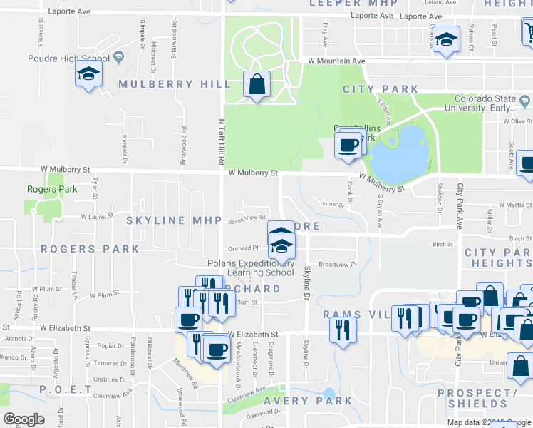 map of restaurants, bars, coffee shops, grocery stores, and more near 1915 Raven View Road in Fort Collins