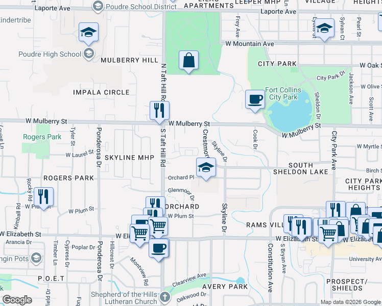 map of restaurants, bars, coffee shops, grocery stores, and more near 1915 Raven View Road in Fort Collins