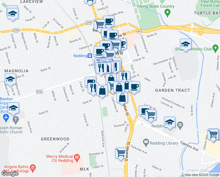 map of restaurants, bars, coffee shops, grocery stores, and more near 1950 California Street in Redding