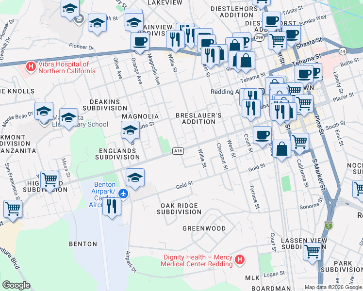 map of restaurants, bars, coffee shops, grocery stores, and more near 2153 Placer Street in Redding